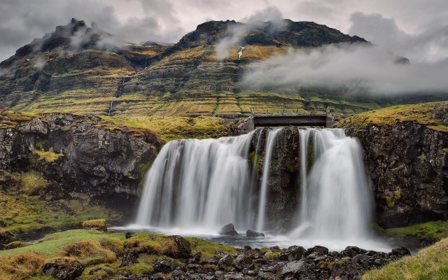 Waterfall hut mountain clouds sunset free wallpaper for desktop - medium preview image