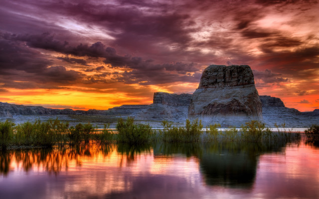 Sunset lake rock formation foreground free wallpaper - medium preview image