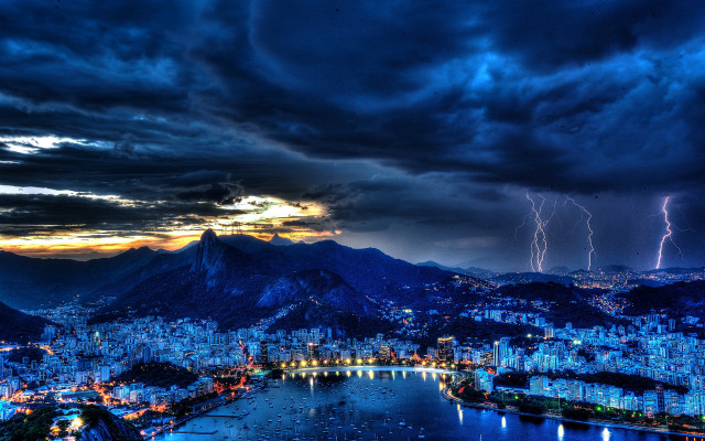 City lights water thunderstorm matte free wallpaper - medium preview image
