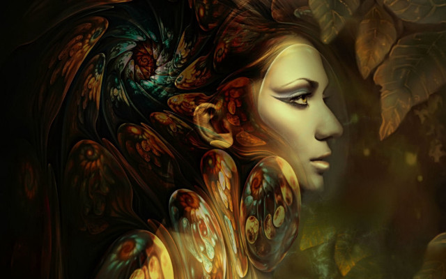 Woman strange face leaves butterfly free wallpaper - medium preview image