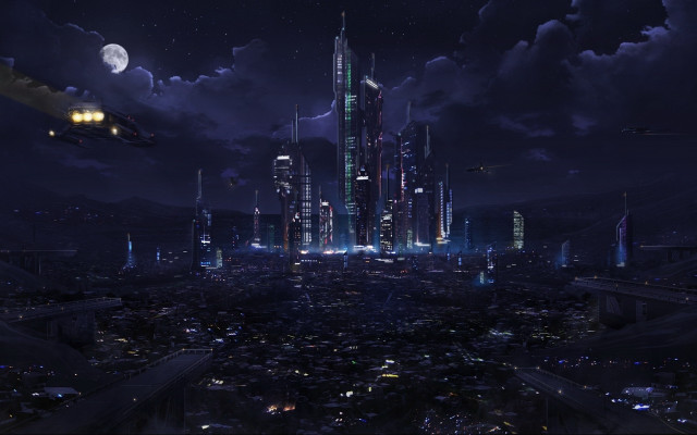 Futuristic city night helicopter moon free wallpaper - medium preview image