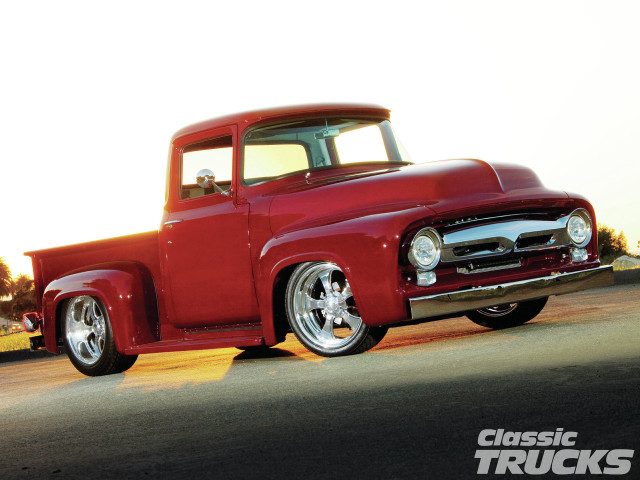 Red truck parked road forest free wallpaper - medium preview image