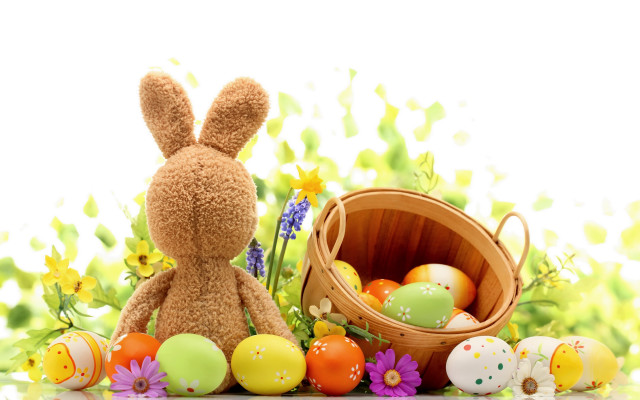 Stuffed rabbit basket eggs flowers free wallpaper - medium preview image