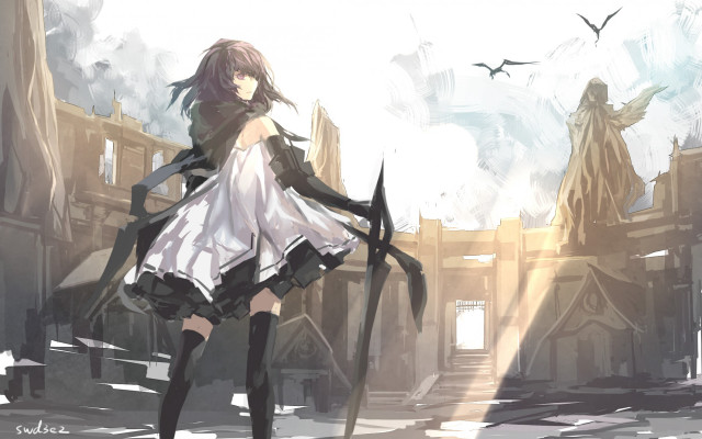 Woman sword city statue birds free wallpaper - medium preview image