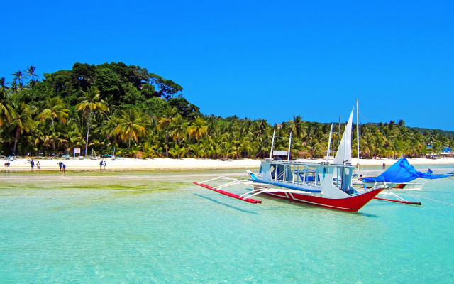 Beach palm boat water sky free wallpaper - medium preview image