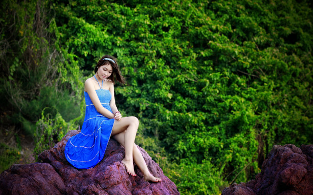 Woman blue dress sitting forest free wallpaper - medium preview image