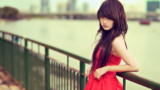 Red dress fence water city free wallpaper - medium preview image