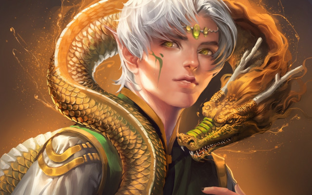 Woman dragon snake yellow background free wallpaper - medium preview image