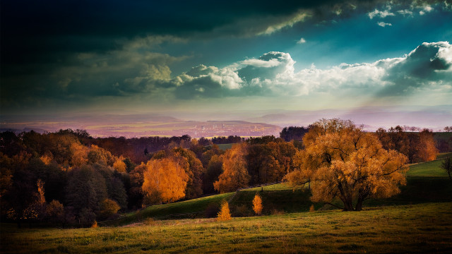 Mountain trees lake sunset clouds free wallpaper - medium preview image