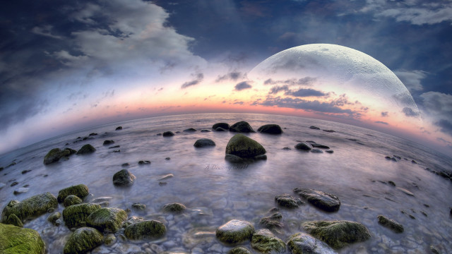 Planet mountains ocean moon clouds free wallpaper - medium preview image