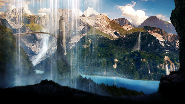 Waterfall bridge mountains blue sky free wallpaper - medium preview image