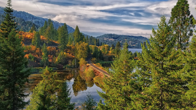 Train forest lake mountains clouds free wallpaper - medium preview image