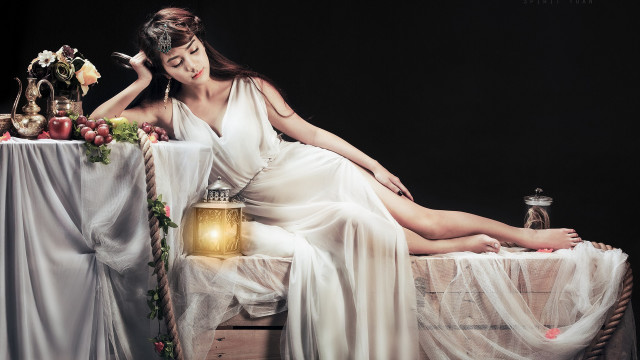 Woman white dress bed lantern #2 free wallpaper - medium preview image