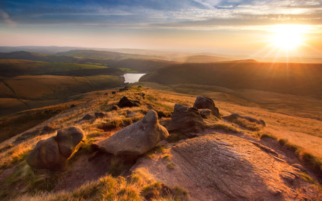 Sunset valley lake rocks grassy free wallpaper - medium preview image
