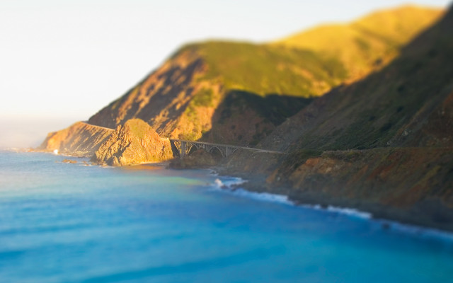 Bridge water mountains tiltshift scenery free wallpaper - medium preview image