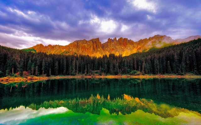 Lake mountains trees rainbow sky free wallpaper - medium preview image