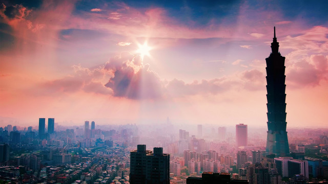 City skyline tallbuilding sun rays free wallpaper - medium preview image