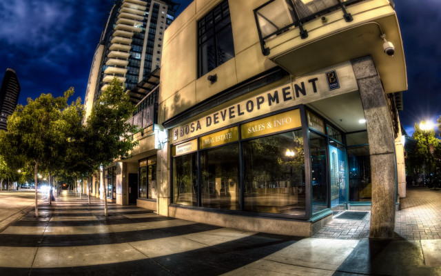 Streetcorner building trees night artdeco free wallpaper - medium preview image