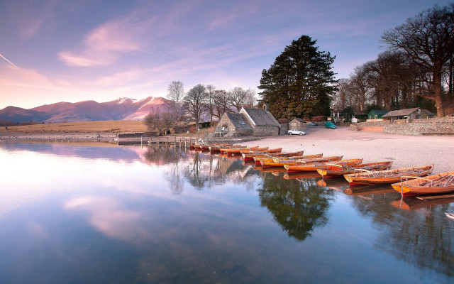 Lake sunset mountains boats arts free wallpaper - medium preview image