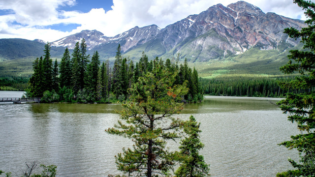 Lake mountains trees dock bridge free wallpaper - medium preview image
