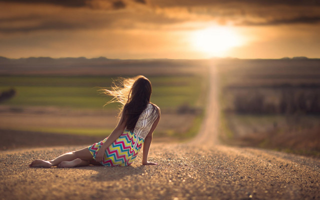 Girl sitting road sunset blowing free wallpaper - medium preview image