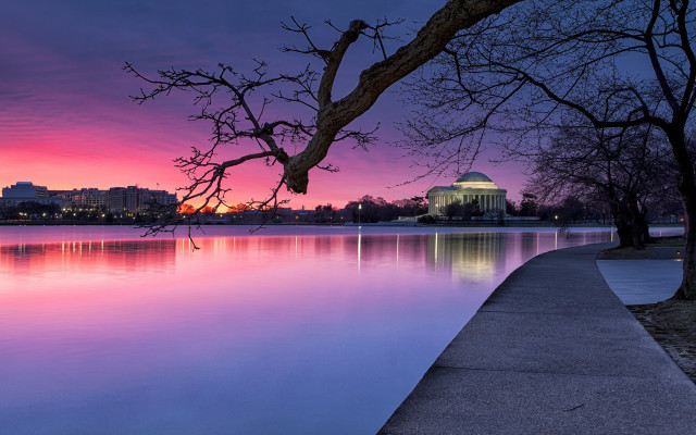 Sunset lake tree building dome free wallpaper - medium preview image