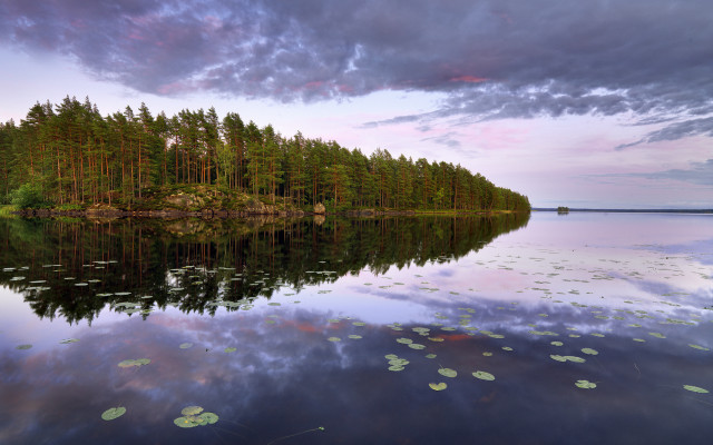 Lake forest boat sunset mountains free wallpaper - medium preview image
