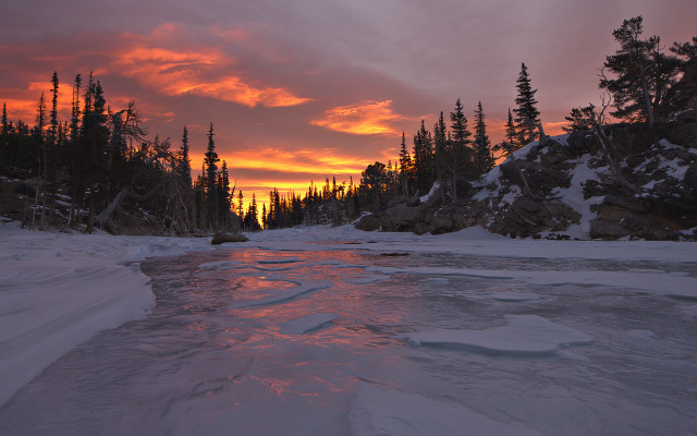 River forest snowset sunset redsky free wallpaper - medium preview image