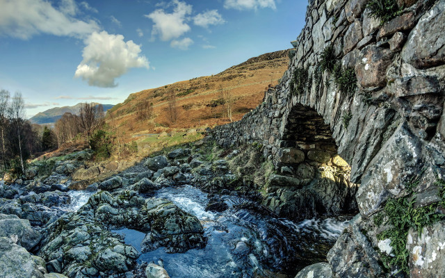 River bridge greenhills clouds fantasy free wallpaper - medium preview image