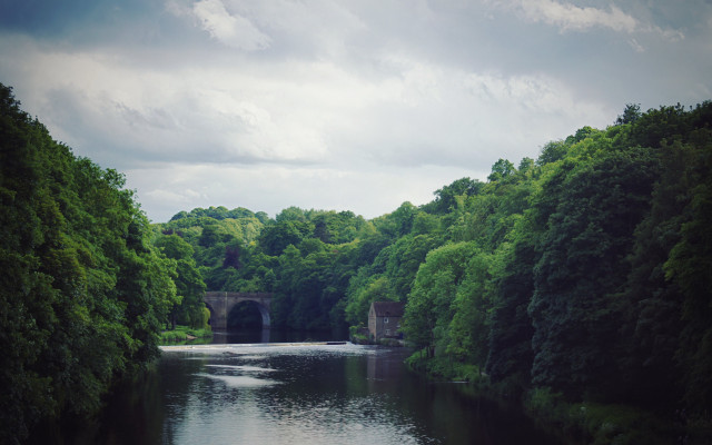 River bridge forest mountain sky free wallpaper - medium preview image