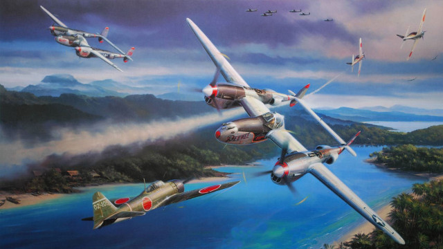 Fighter jets over lake mountains free wallpaper - medium preview image