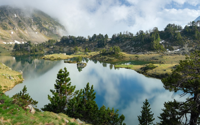 Lake mountains trees cloudy day free wallpaper - medium preview image