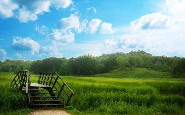Wooden bench field ladder nature free wallpaper - medium preview image