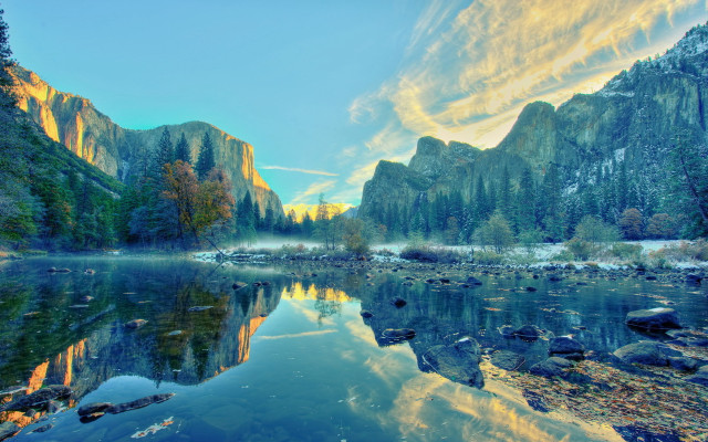 Mountain lake trees rocks clouds free wallpaper - medium preview image