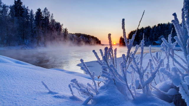 River forest sunset snow mountain free wallpaper - medium preview image