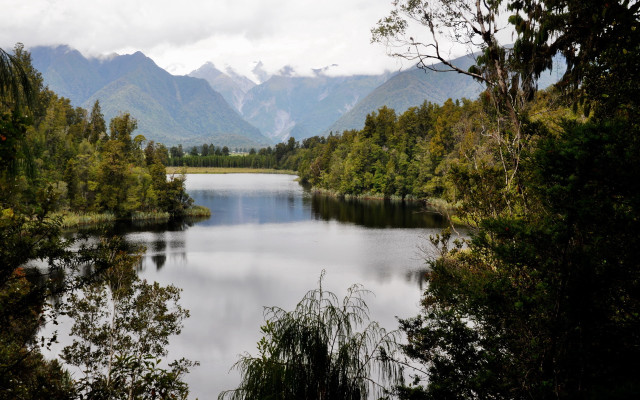 Lake mountains forest clouds trees free wallpaper - medium preview image