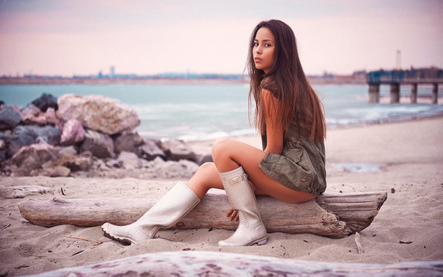 Woman beach log ocean pier free wallpaper - medium preview image