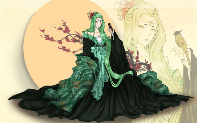 Green dress birds fullmoon ukiyo free wallpaper - medium preview image