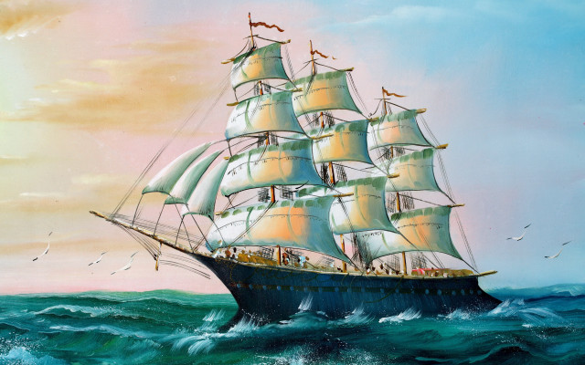 Ocean ship birds sunset matte free wallpaper - medium preview image