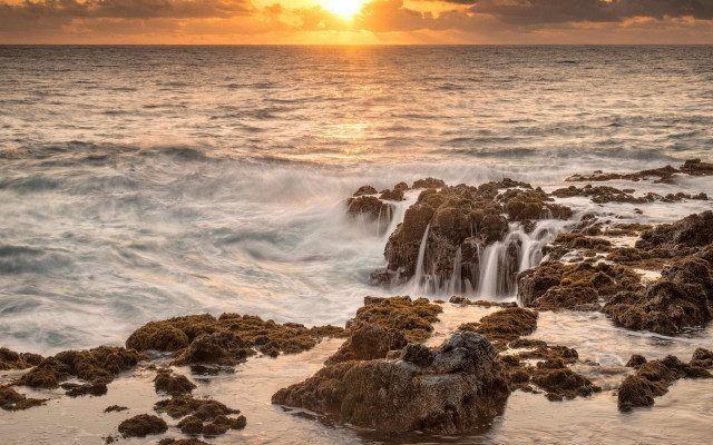 Sunset ocean waves rocks foreground #2 free wallpaper - medium preview image