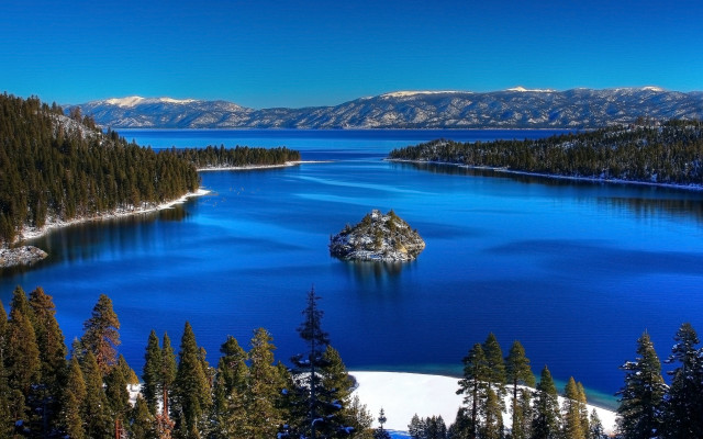 Lake mountain forest island sky free wallpaper - medium preview image