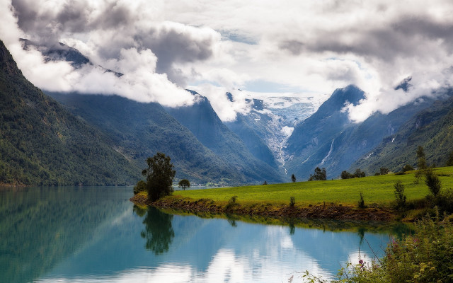 Lake mountains grass cloudy sky #2 free wallpaper - medium preview image