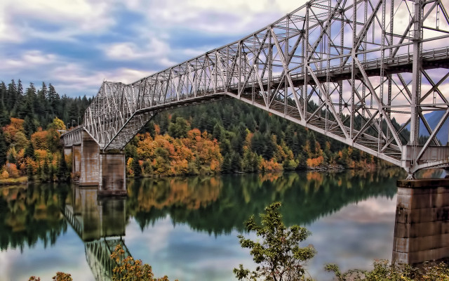 Bridge forest river cloudy sky free wallpaper - medium preview image