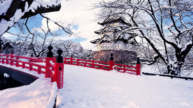 Red bridge snowy river pagoda free wallpaper - medium preview image