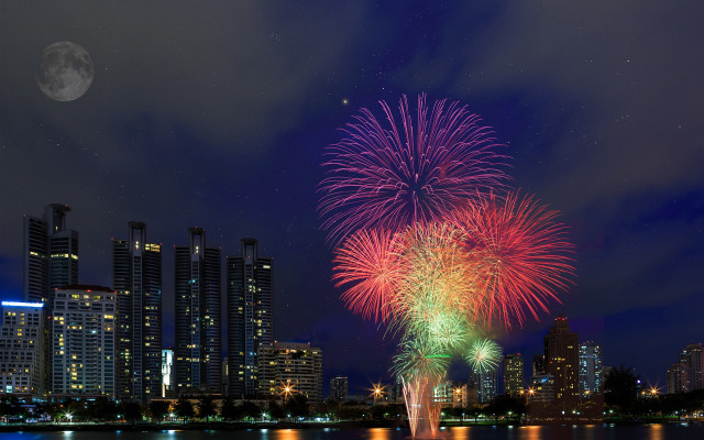 Fireworks city fullmoon night aurora free wallpaper - medium preview image