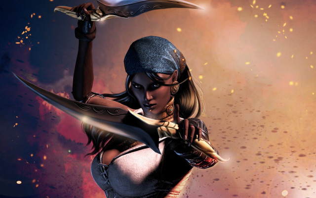 Woman sword armor fantasy sky free wallpaper - medium preview image