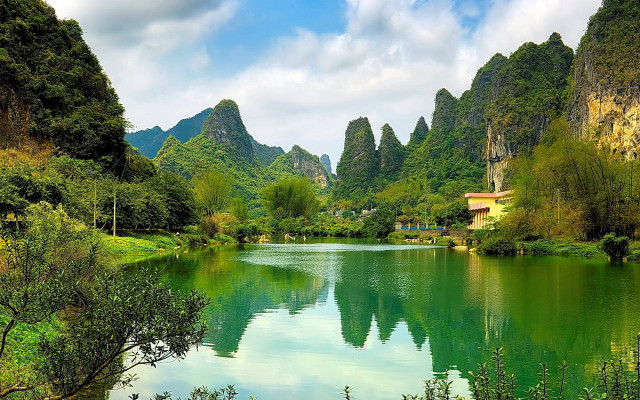 Lake mountains forest house sky free wallpaper - medium preview image