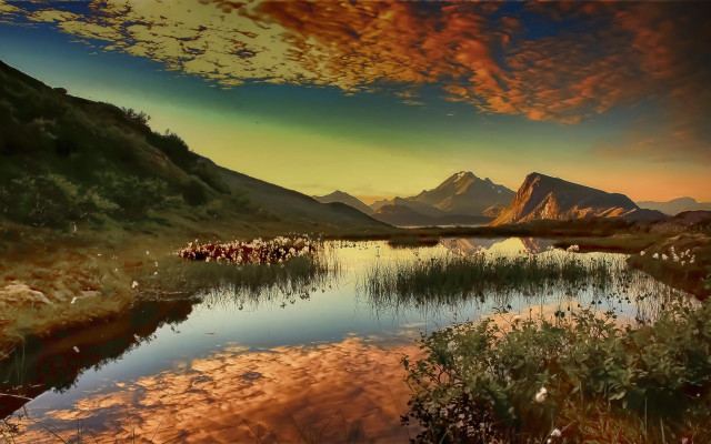 Mountain lake sunset clouds birds free wallpaper - medium preview image