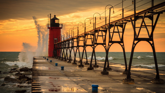 Red lighthouse pier ocean sunset free wallpaper - medium preview image