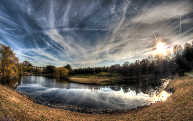 Lake green field cloudy sky free wallpaper - medium preview image